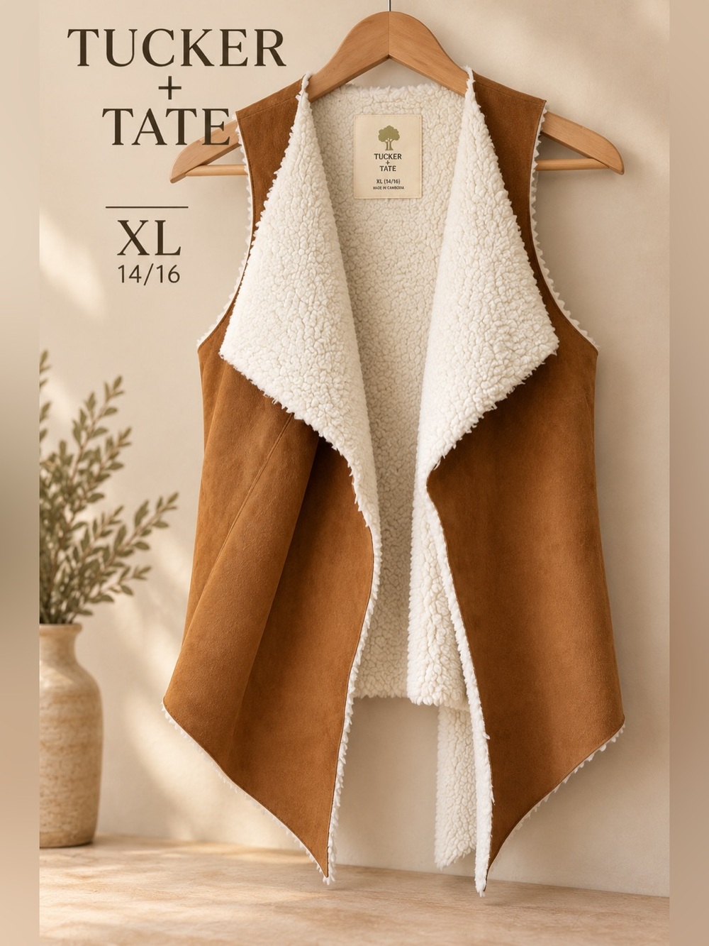 Tucker + Tate Girls Faux Suede Sherpa Draped Vest Brown XL 14/16